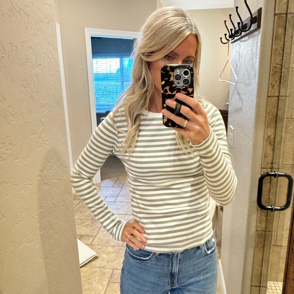 H&M Olive and White Striped Long-Sleeve Crewneck Top